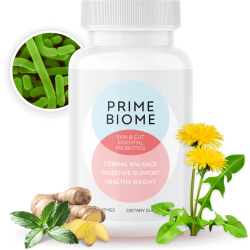 PrimeBiome supplement bottle with natural ingredients on a white background
